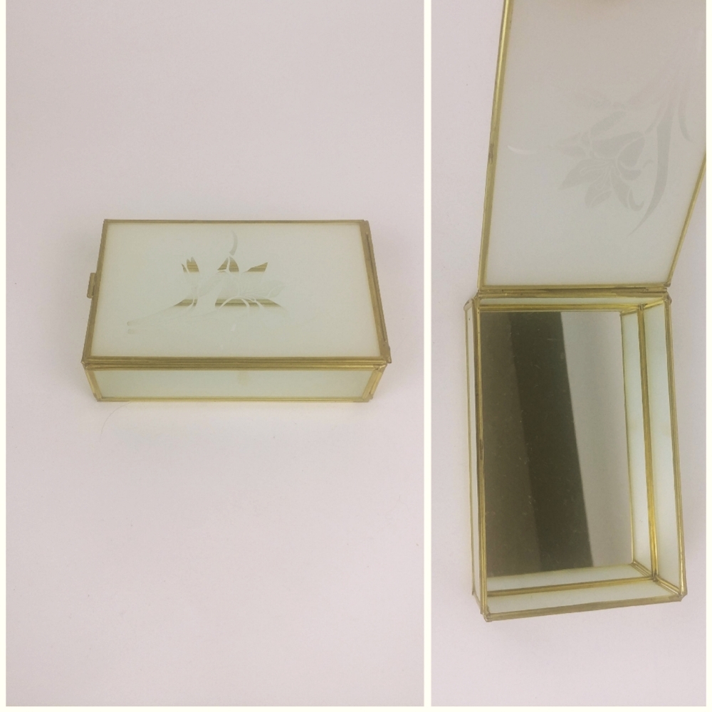 Vintage Rectangular Etched Glass Mirror Jewelry Trinket Box Made In Taiwan R O C